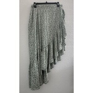 Lulus Asymmetrical Wrap Midi Skirt M Green‎ Floral Ruffle Cottagecore Resortwear